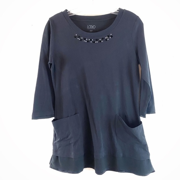 LOGO Lori Goldstein Womens Top Size XSP Gray 3/4 Sleeve Beaded Neck Pockets - Picture 6 of 6